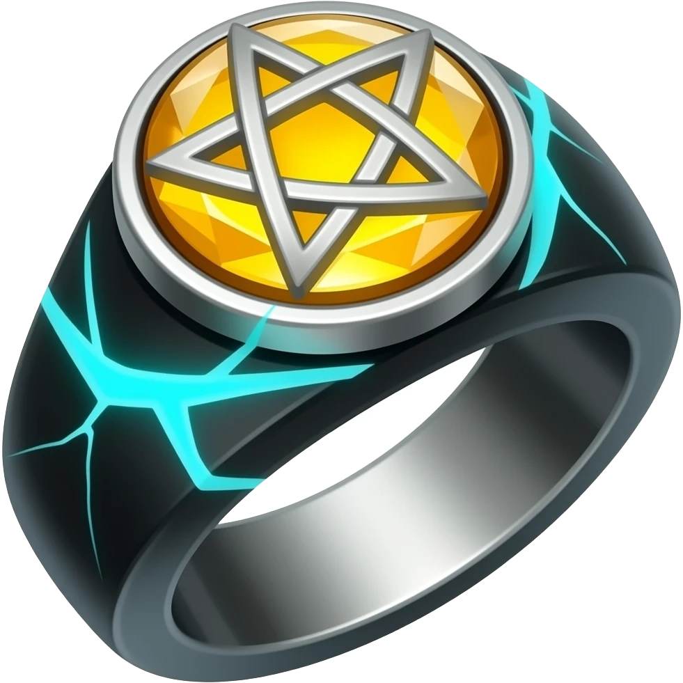 A obsidian ring with a BIG yellow gem, that has a pentacle carved into it, and a crack goin through it glowing light blue emoji