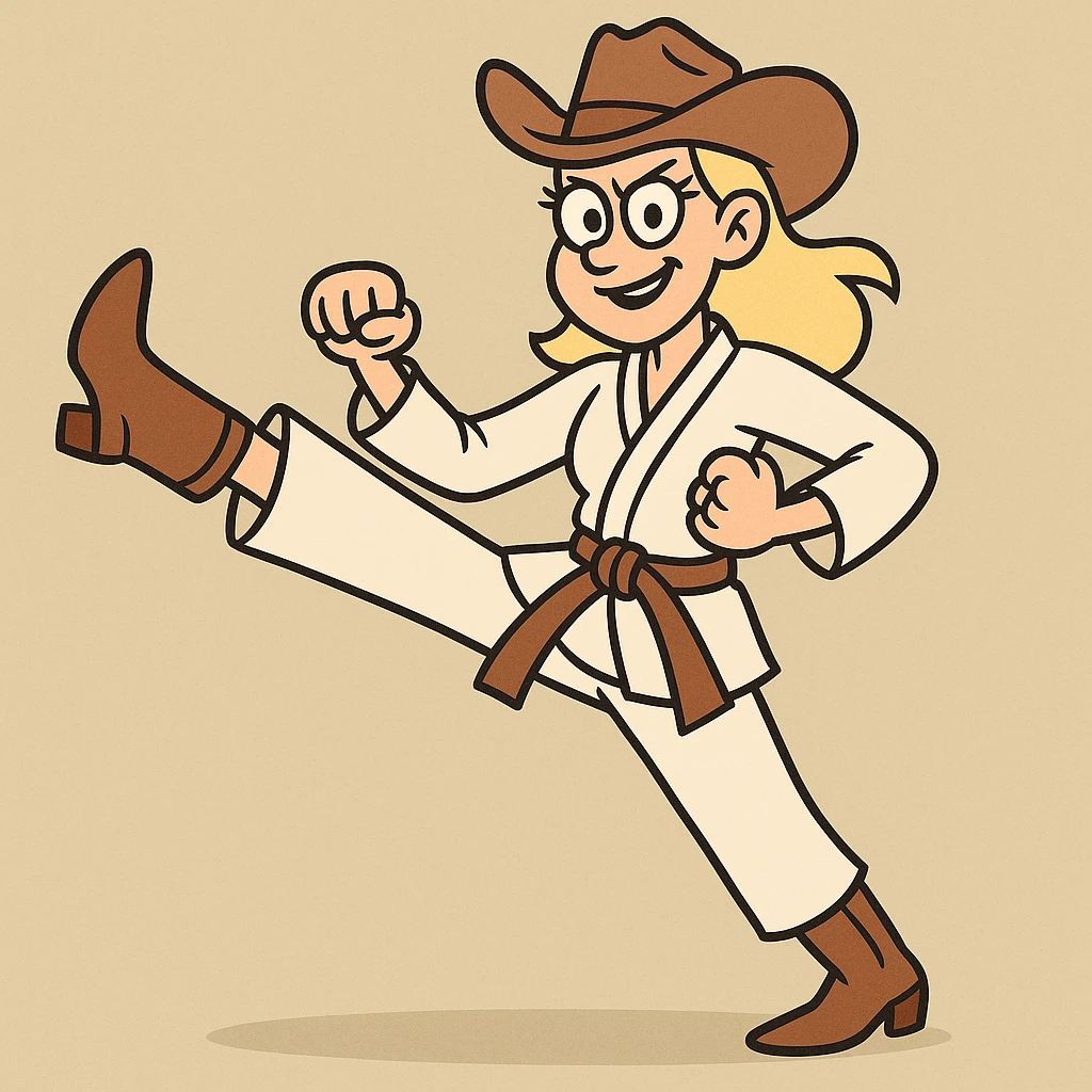 karate cowgirl, dynamic pose, western hat, martial arts uniform, confident expression, energetic emoji