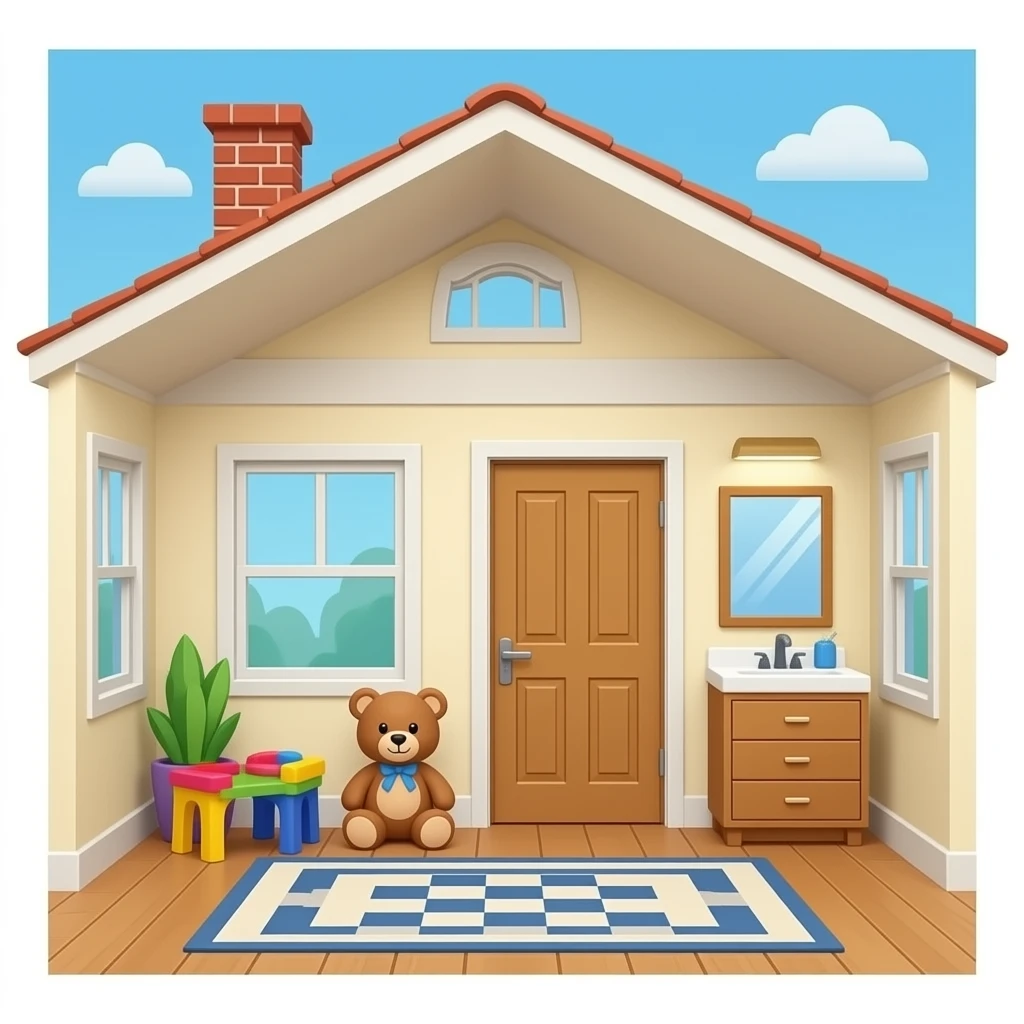 Build a House: Glass for the windows, a rug on the floor, Bricks for the chimney (roof), a big wooden door. I’ll even take a playroom or two you know what to do (teddy bear, and bathroom drawer and mirror emoji