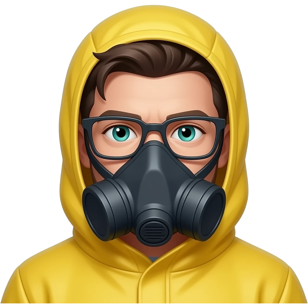 white man dark brown hair blue green eyes and rectangle frame glasses yellow hazmat suit with hood on and mask emoji
