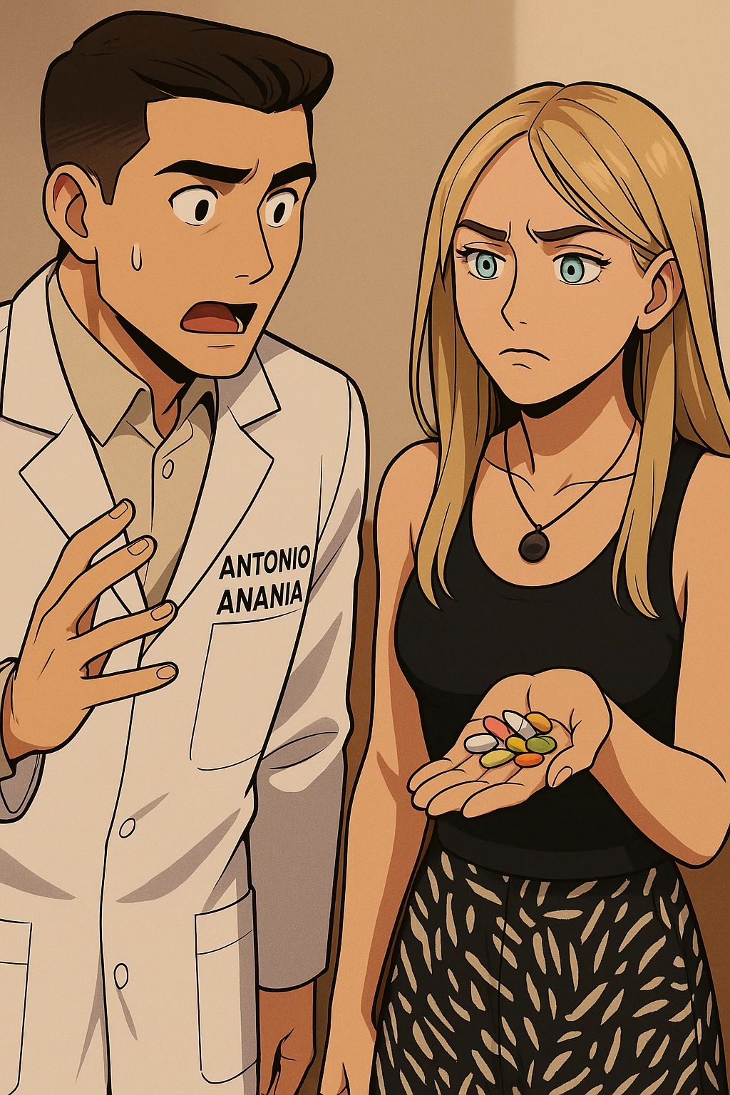 fai un webtoon/manga a colori con questo kinesiologo in camice bianco (fagli la scritta "ANTONIO ANANIA" SUL CAMICE) CHE PARLA CON QUESTA RAGAZZA CON GLI OCCHI AZZURRI. LA RAGAZZA HA UN PUGNO DI INTEGRATORI IN MANO (TANTE PILLOLE DIVERSE) E LE GUARDA DUBBIOSA. IL KINESIOLOGO CON IL CAMICE BIANCO LE DOMANDA UNA COSA SCIOCCATO. NON FARE I FUMETTI, FAI SOLO LORO COME SE DIALOGASSERO emoji