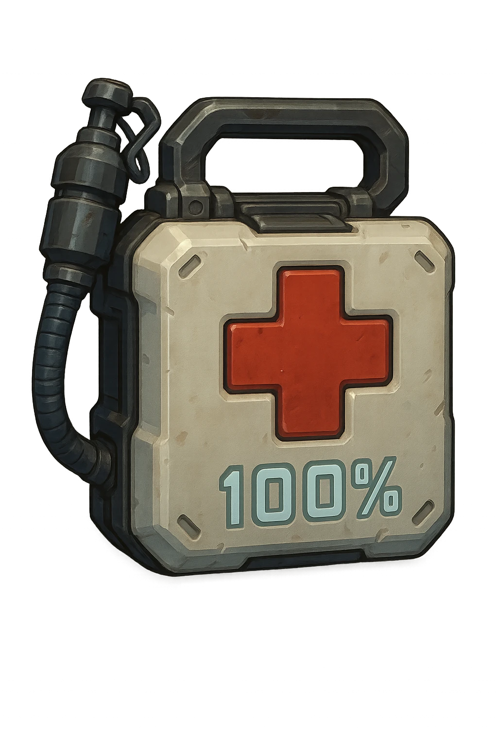 the image is the icon for a videogame insta-use item, it is a medkit, medic kit, %100, fututistic cyberpunk, style of: "HALO:  Reach" , a white square block of plastic with a extinguisher like cybernetic and handle emoji