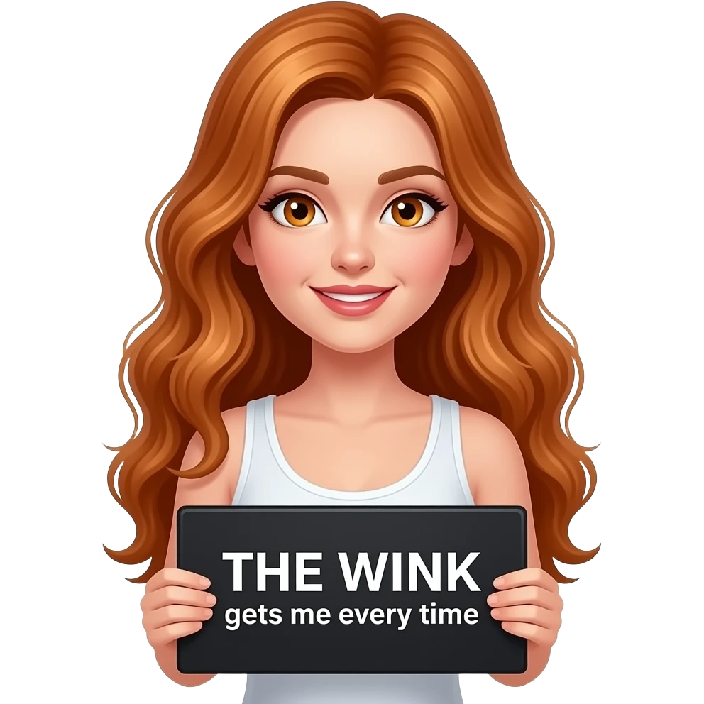 sexy girl with long wavy ginger hair and ginger eyes wearing a white tanktop is holding a black colored sign with THE WINK gets me everytime written on it emoji