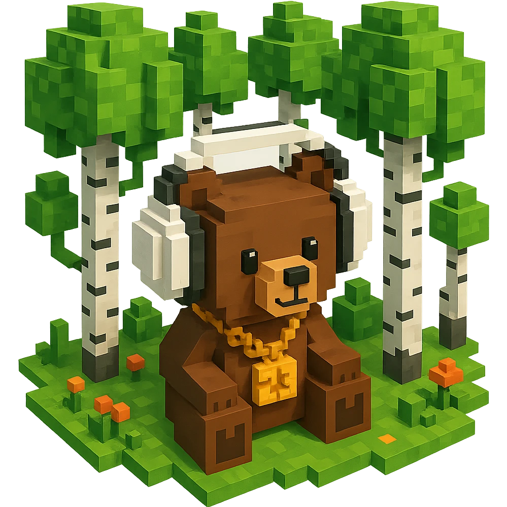 березовый лес, в котором сидит бурый медвежонок в белых наушниках (наушники должны закрывать уши медведя), на медведе цепь с подвеской "23", no background  emoji