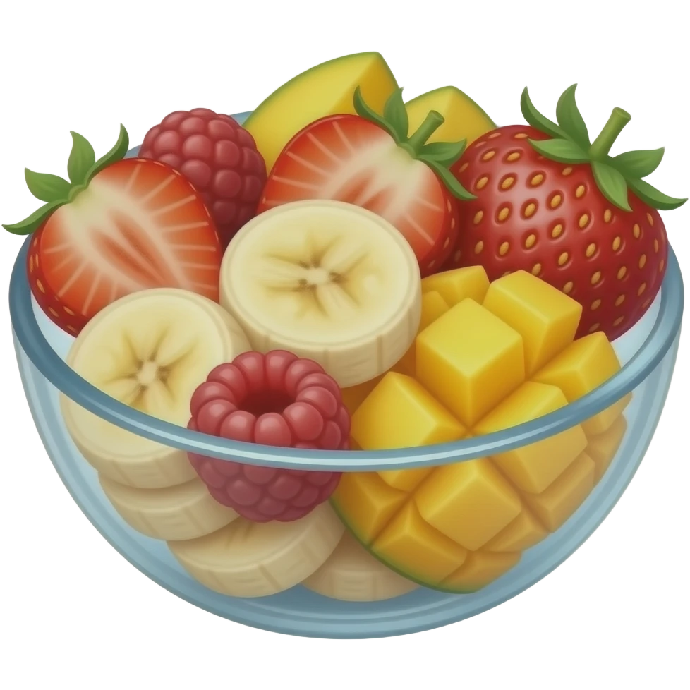 bowl of glass with slices of banana, strawberry, mango and raspberry emoji