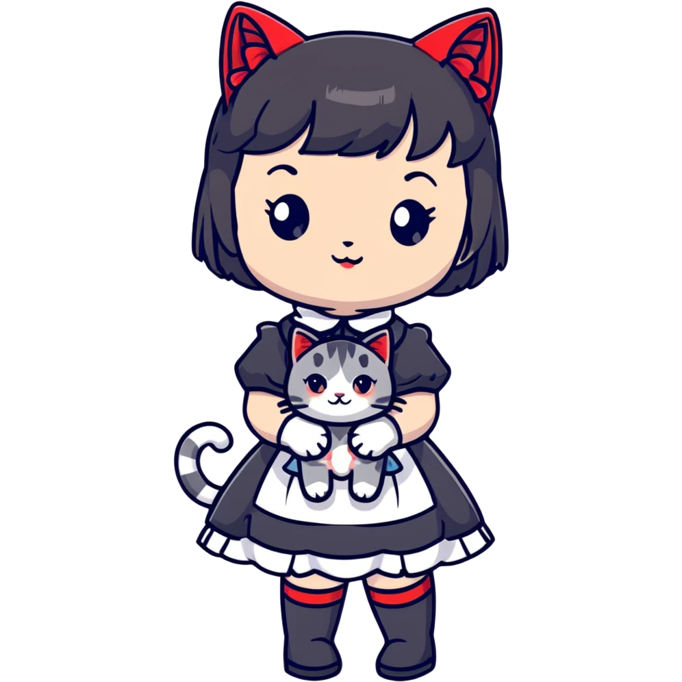 girl wearing black Lolita style dress, with medium-length black hair with red tips, and a gray American Shorthair tabby cat emoji