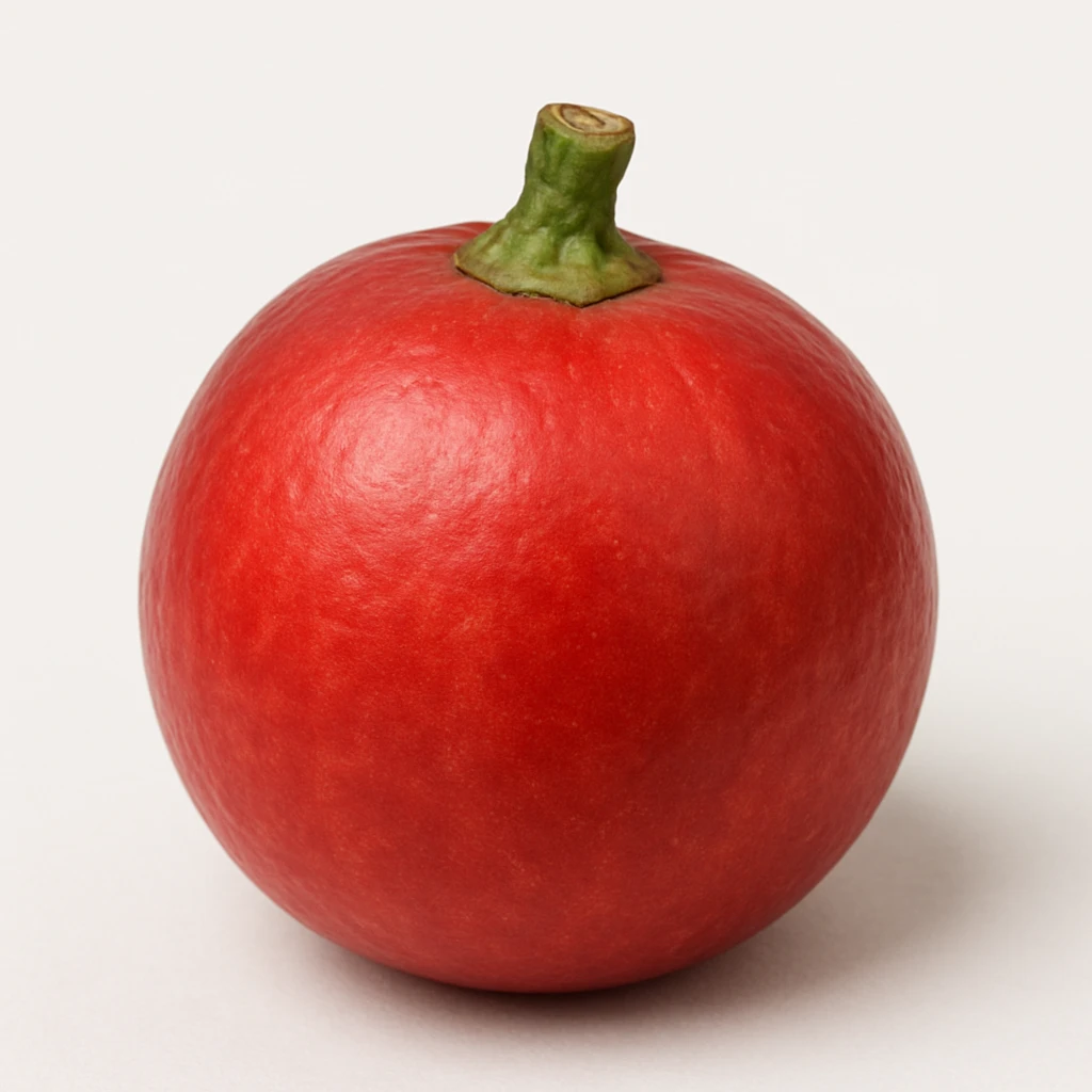 realistic red round Stenocereus fruit without spikes with a small green stem isolated emoji