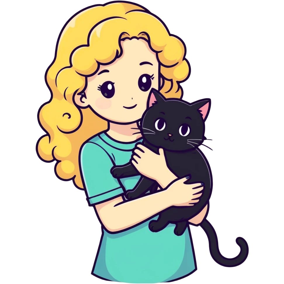Girl with curly blonde hair holding a black cat emoji