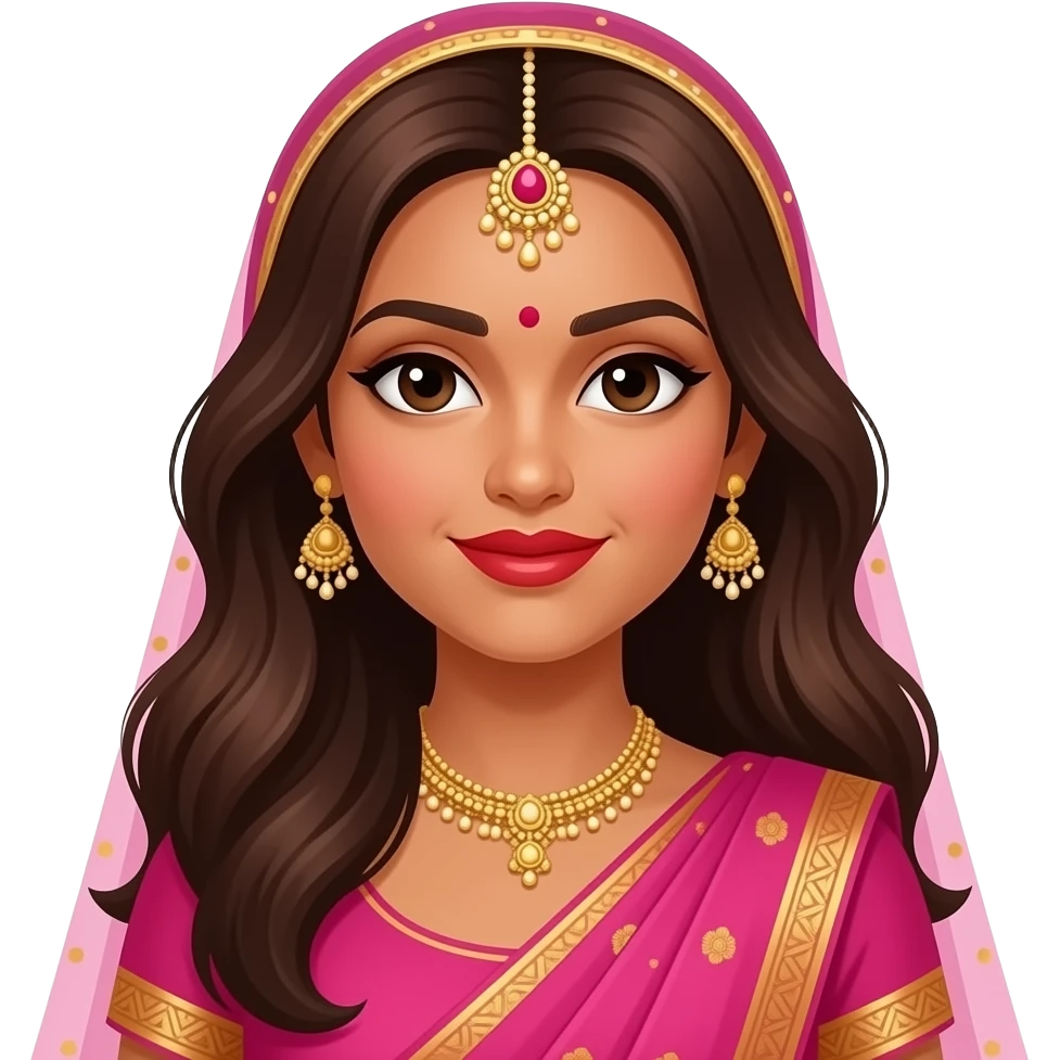 VERY VERY DARK SKINWith skinny small slim eyes an Indian baddie wearing hot pink with long brown hair VERY dark skin with a red lip and an indian thing on her head emoji