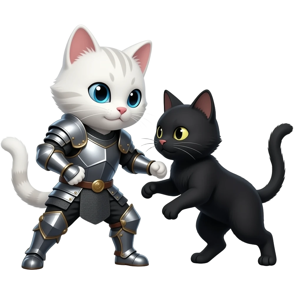 A white kitty with armor and fighting the black cat emoji