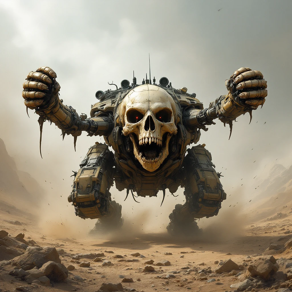 skull tank with four arms, no legs, ribcage and spine connect directly to a tank chassis, rushing into battle, intimidating emoji