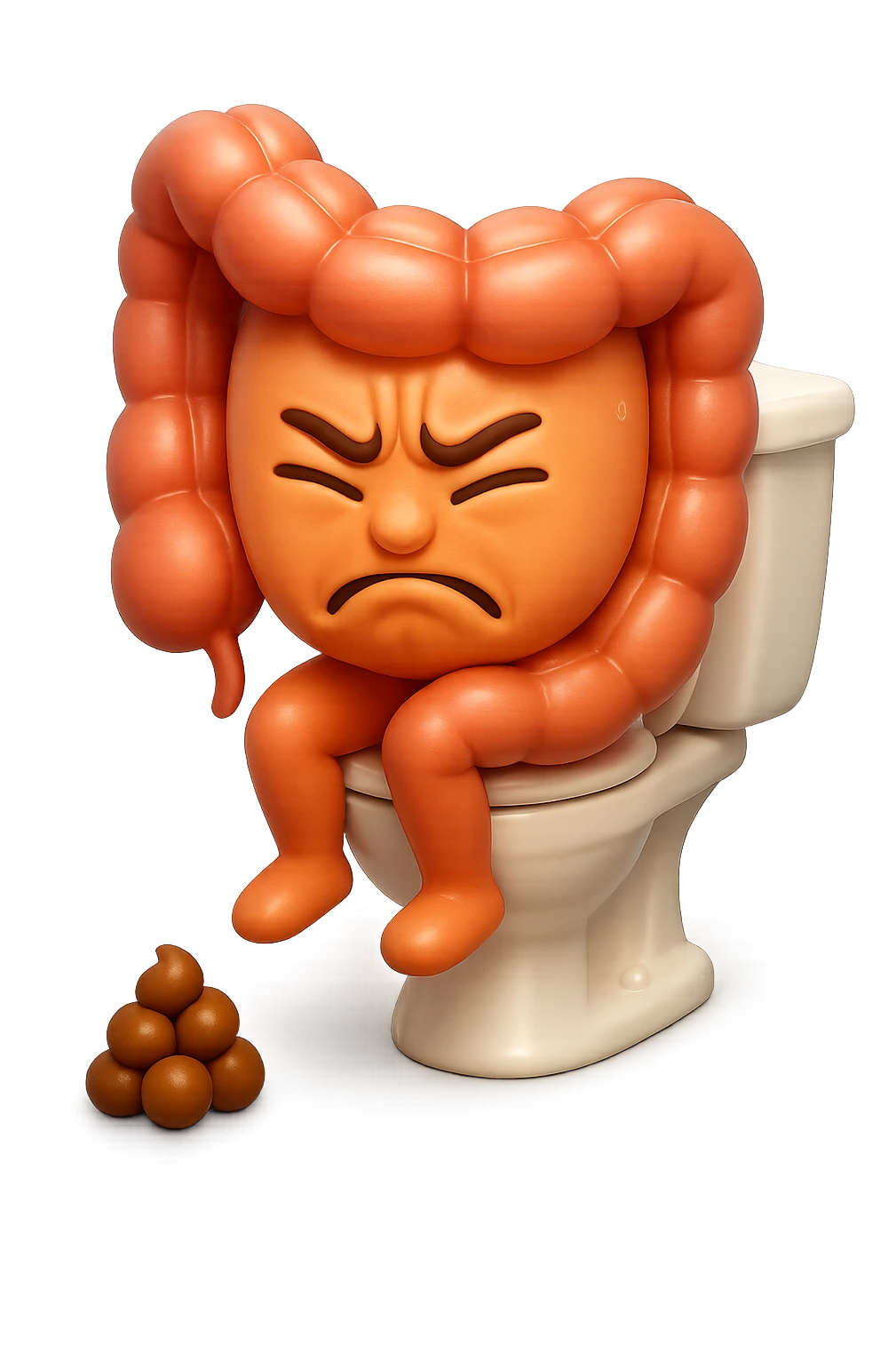 SU QUESTO STILE FAI UN EMOJI STILE IPHONE 3D DI UN INTESTINO CHE sta seduto sul wc e davanti ha una montagnetta di feci a palline stile emoji iphone, FAGLI UN ESPRESSIONE di dolore mentre si sforza E FALLO MOLTO REALISTICO IN 3D emoji
