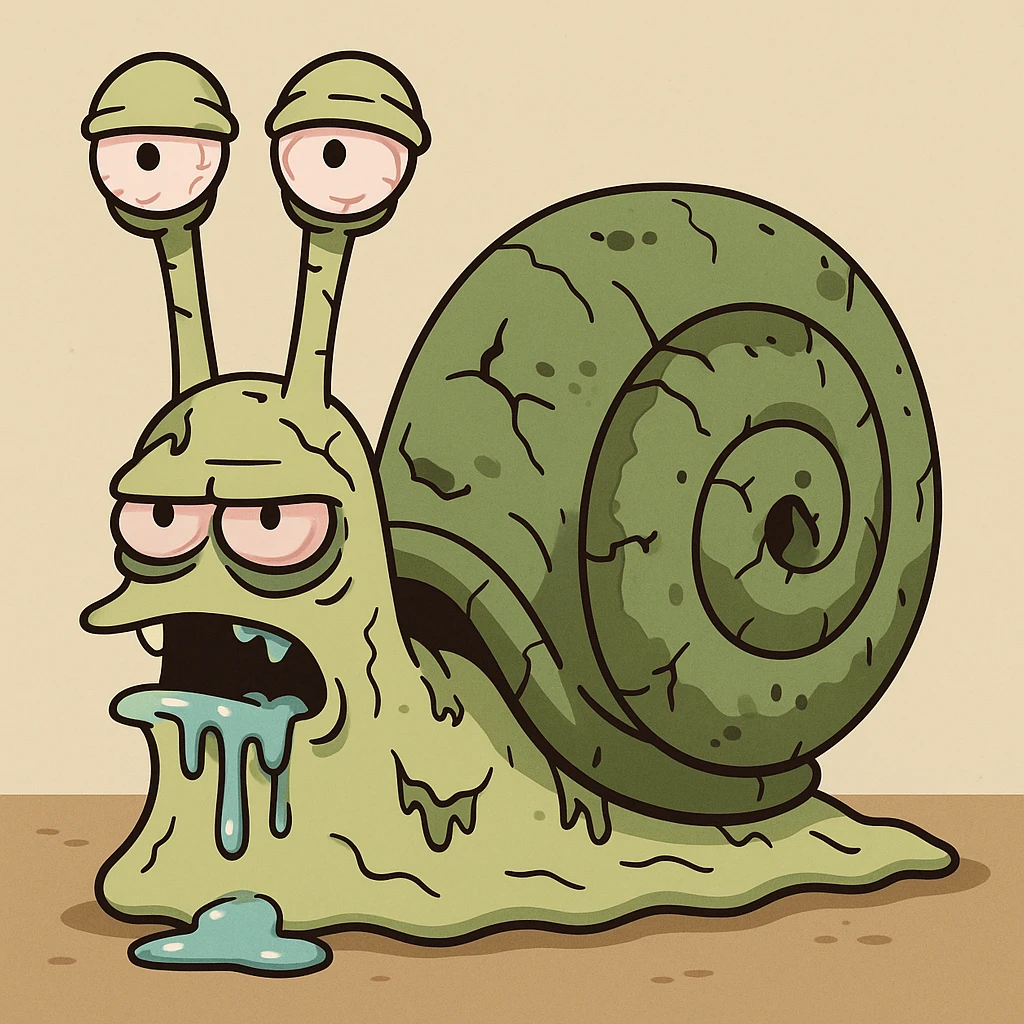 zombie snail, cartoon style, greenish decaying shell, drooling, creepy eyes emoji
