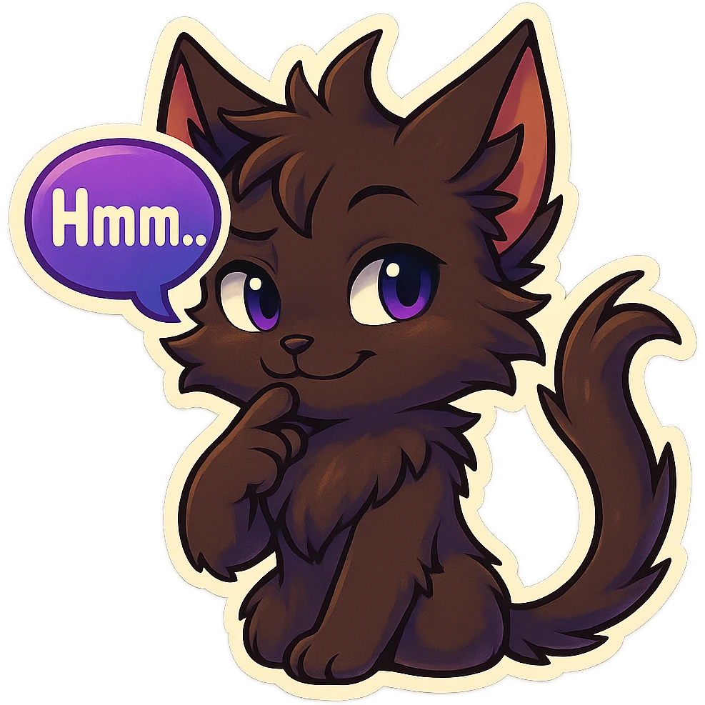 a dark-brown fluffy cute kawaii anthropomorphic furry anime cat-furry with tufted ears and a long thin tufted tail, thinking, smirking thoughtfully, saying “Hmm..” with a purple speech bubble, (cartoon style) (cute anime style) (furry style) (deviantArt style) (artist style: Kamirah) emoji