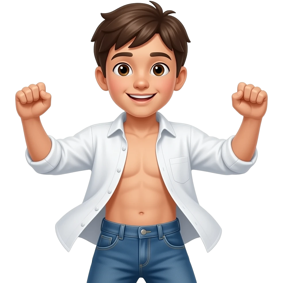 Un chico bailando con camisa blanca, manga larga metida por dentro abierta hasta el ombligo emoji