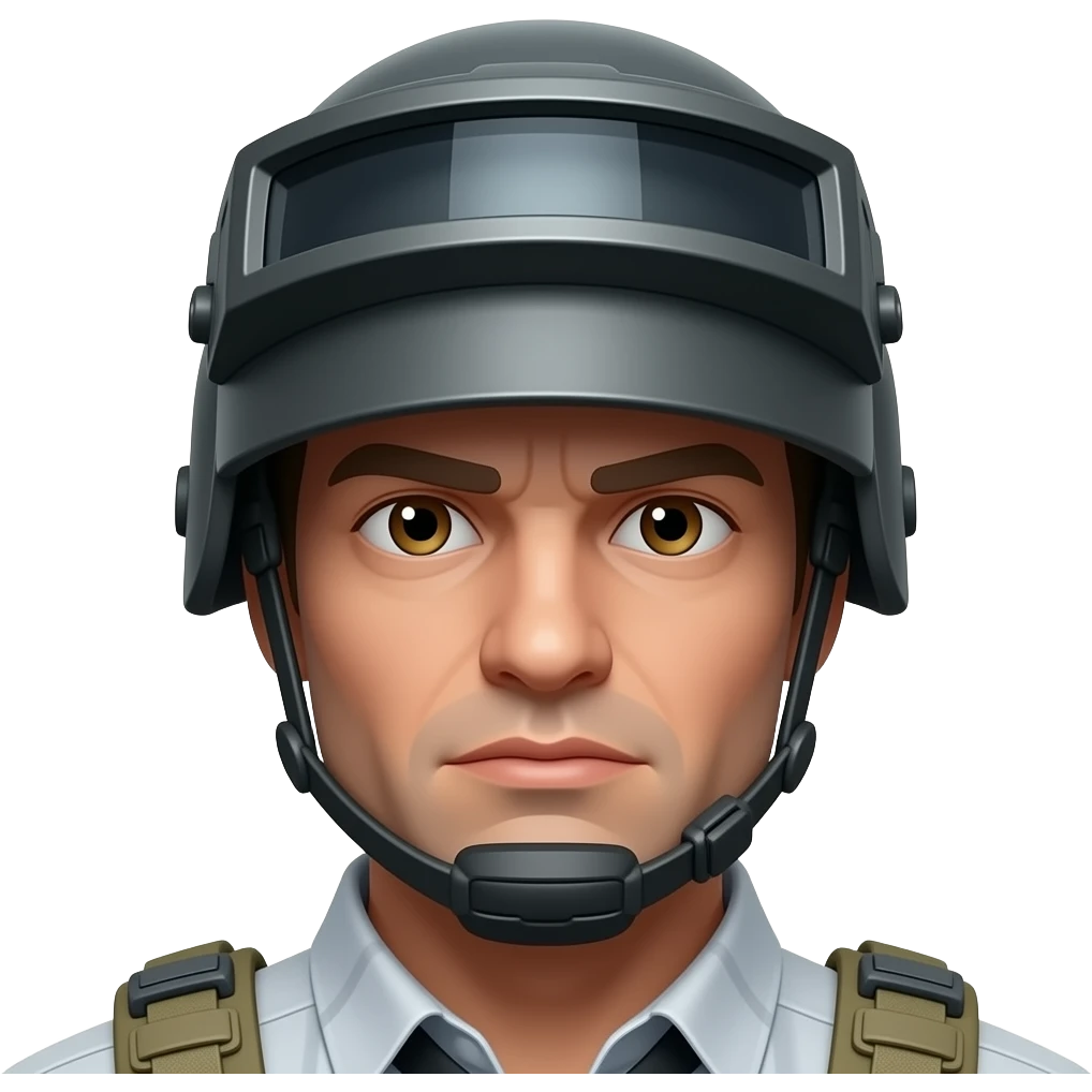 Bald 40-year-old man, slightly tanned skin, wearing a level 3 PUBG Spetsnaz helmet (visor up), serious and charismatic expression, 3D emoji, white background. emoji