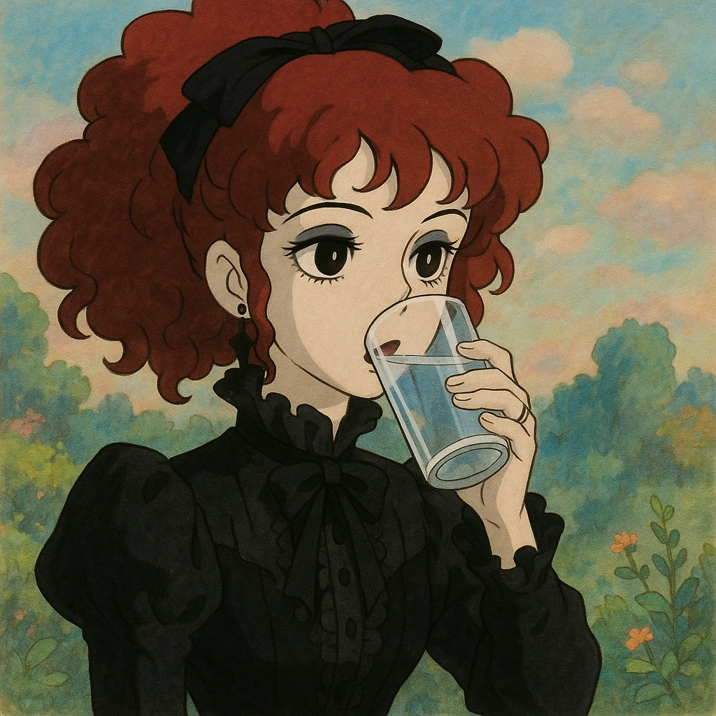 goth girl with red cherry curly hair drinking water emoji