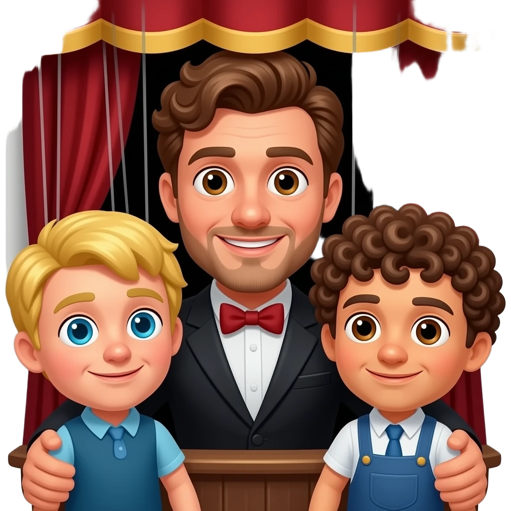 Uomo occhi marroni capelli ricci che gestisce le sue marionette, una marionetta coi capelli biondi E occhi azzurri, l’altra capelli ricci e occhi marroni tutti e 2 maschi emoji