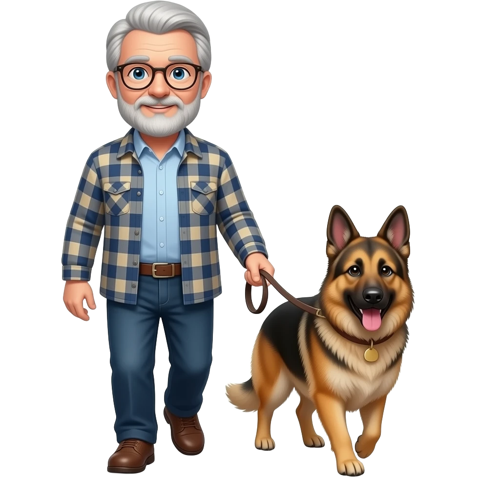 Emoji of an Older man with  gray hair beard and emoji glasses Man with blue eyes  walking shepski dog on a leash emoji