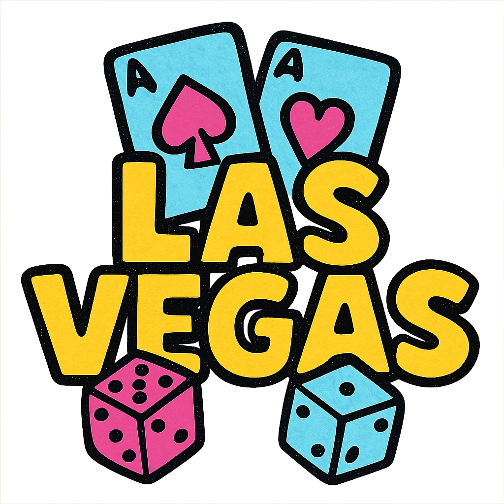 the word LASVEGAS in a casino theme, with playing cards and dice integrated emoji