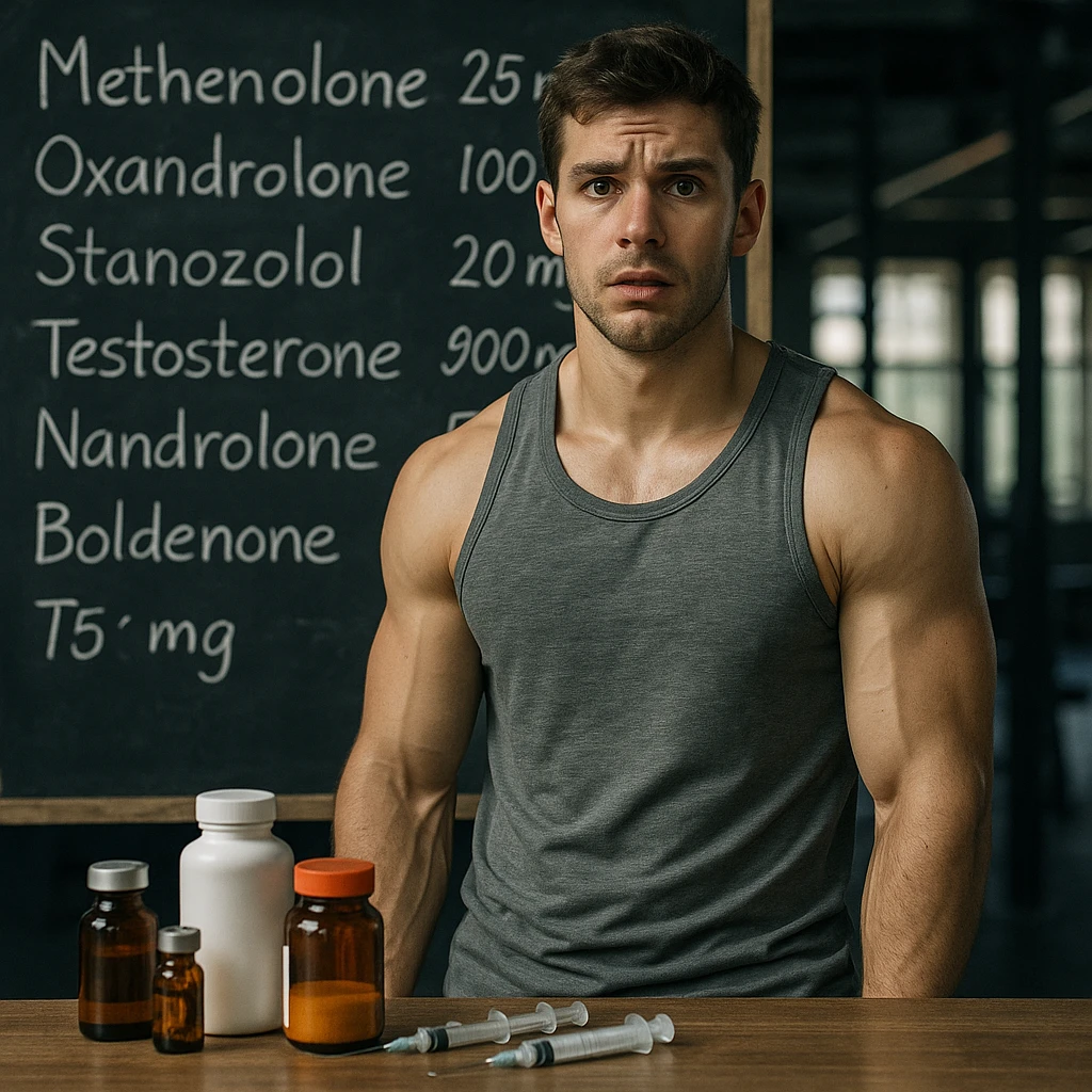 realistic muscular young man in front of blackboard full of molecule names and wrong dosages, lost look, bottles and syringes on table, confused atmosphere, gym background, 4K quality emoji