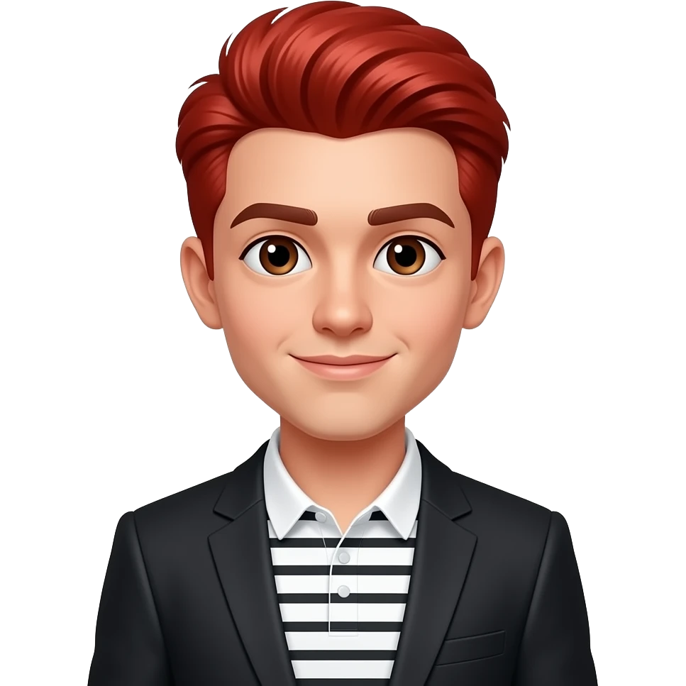 Young Man with red hair into a pompadour, dark brown eyes, black blazer, white and black striped polo shirt without buttons emoji