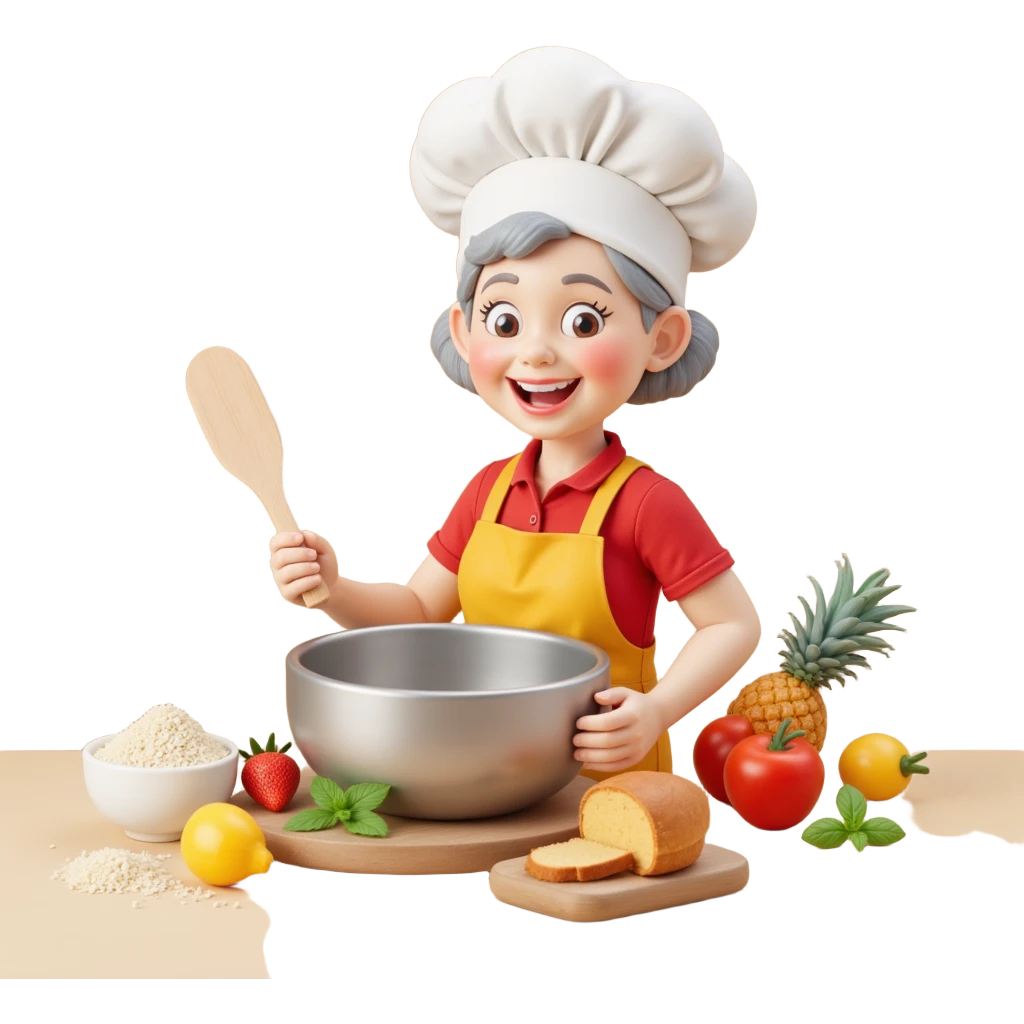 Portrait of a smiling grandma with a chef hat and a large mixing bowl, surrounded by baking ingredients, playful kitchen setting, emoji-style emoji