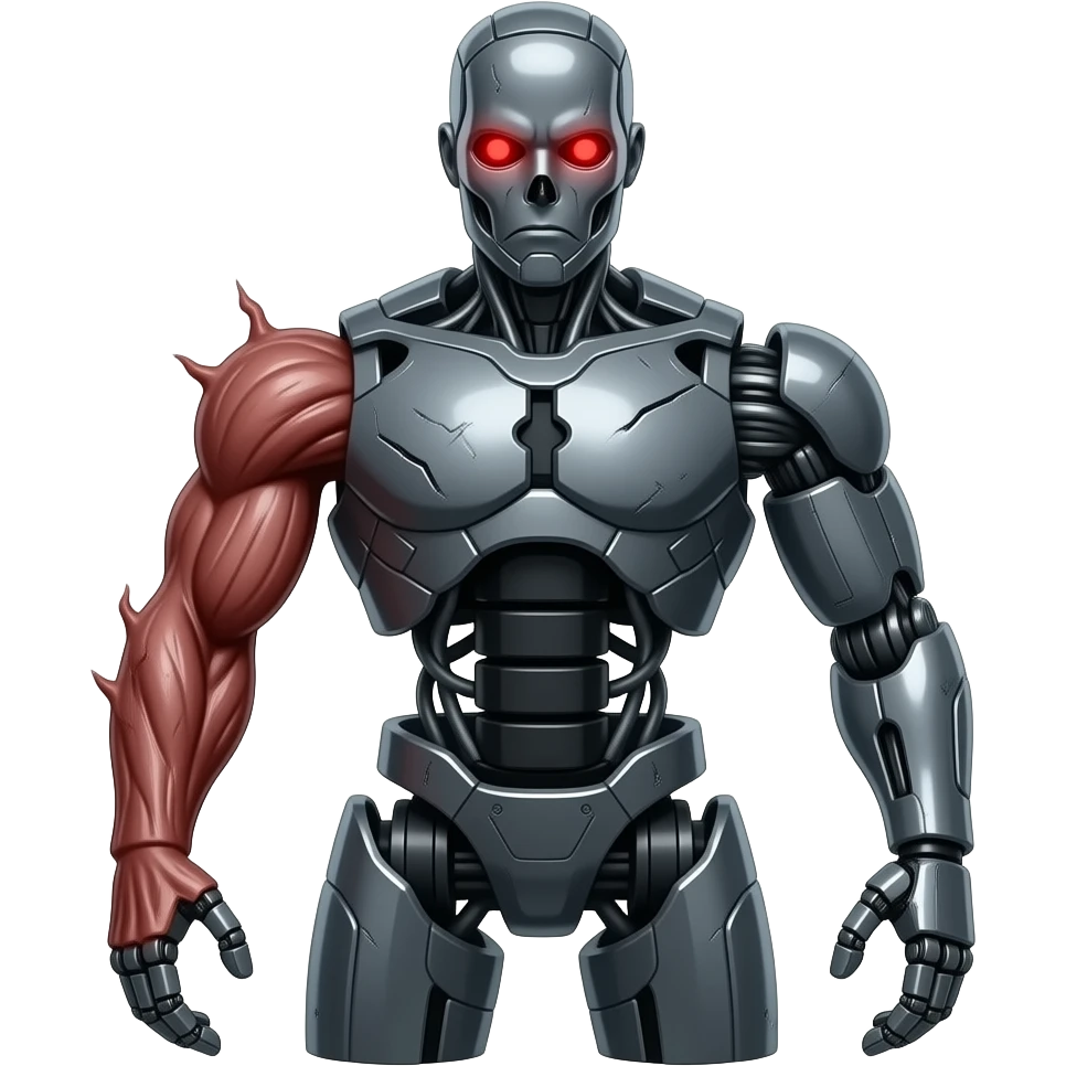 Make a scary looking world destroying robot with a left arm made of human flesh emoji