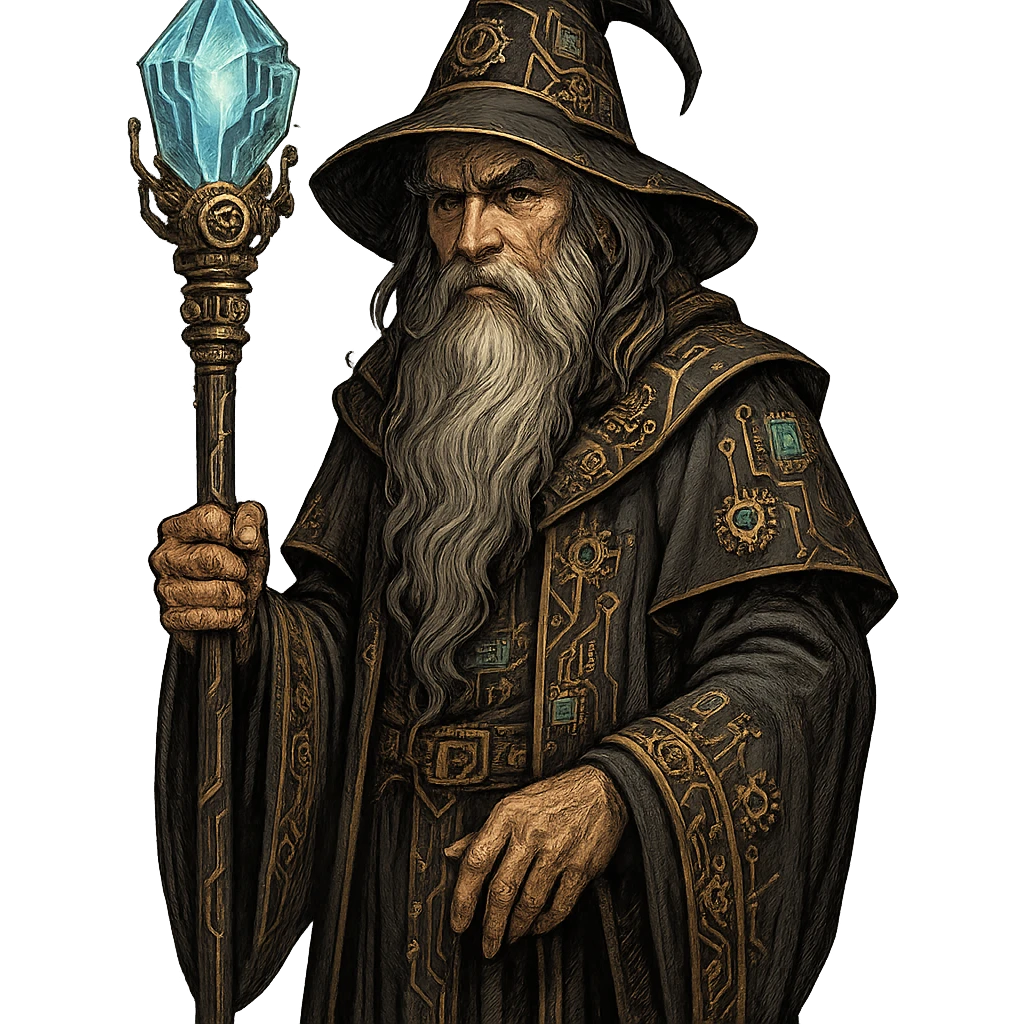 master in artificial intelligence, alchemist wizard, long beard, holding a staff with a technological crystal, details of gears and chips, transparent background emoji