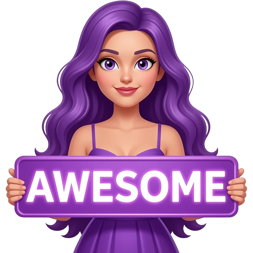sexy girl with long purple hair and purple eyes wearing a dress holding a AWESOME sign emoji
