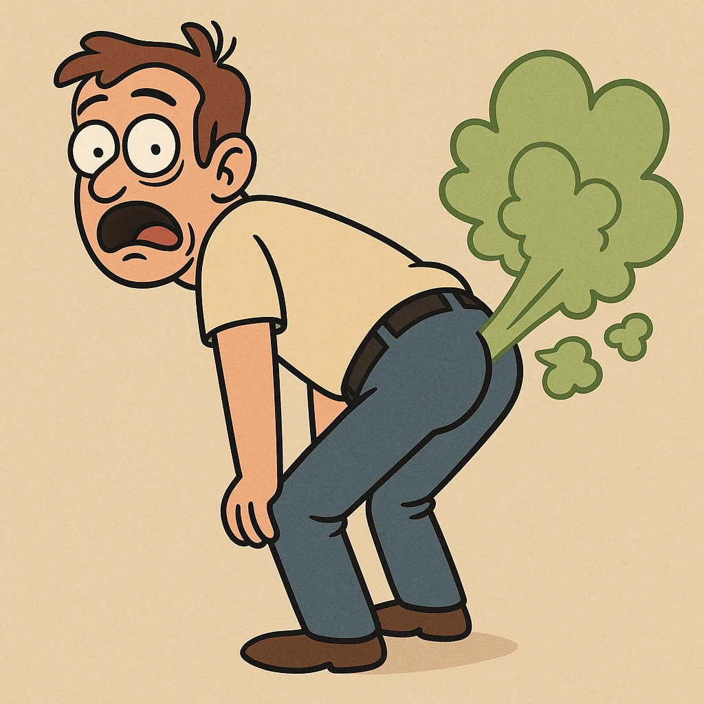 cartoon man with a surprised face, bent over, emitting a visible green fart cloud, humorous and exaggerated emoji