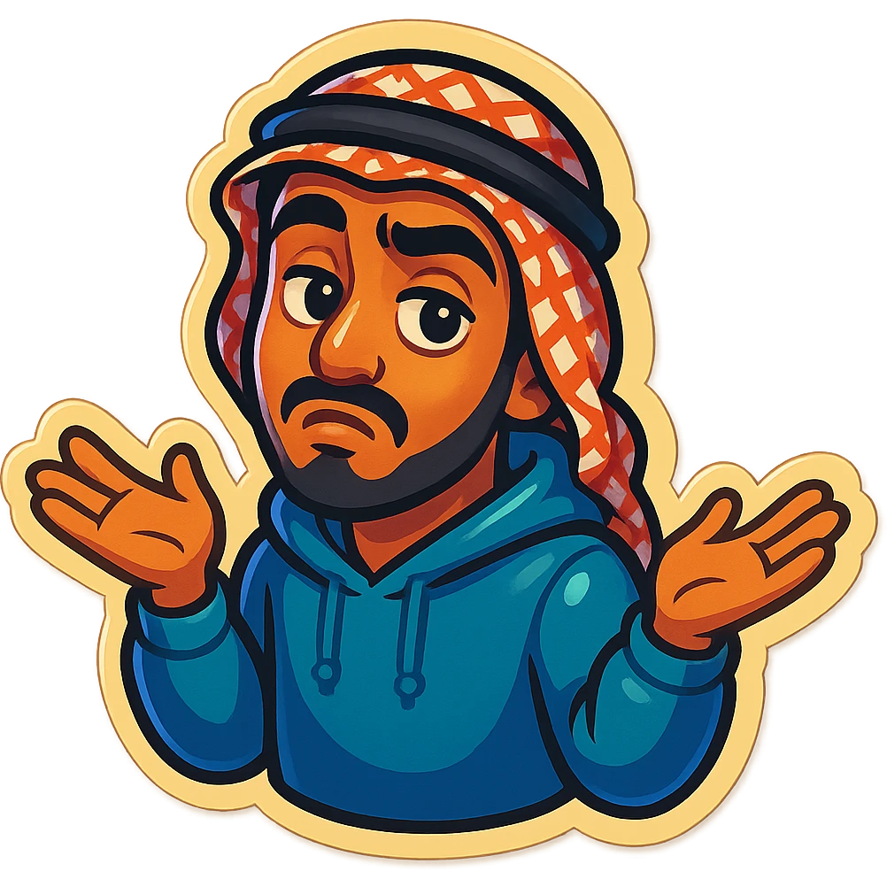cartoonish, bold, vibrant emoji-style sticker of Ara, an Arab young man with medium brown skin, black hair, wearing casual urban Middle Eastern streetwear like a keffiyeh scarf or hoodie, shrugging with a ‘whatever’ attitude and exaggerated expression emoji