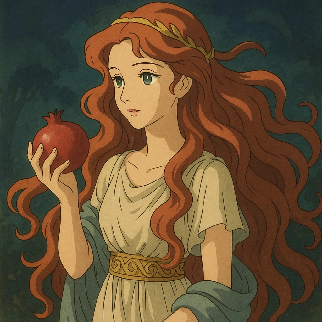 Persephone depicted with flowing red hair, holding a pomegranate, ancient Greek attire, mystical and enchanting emoji