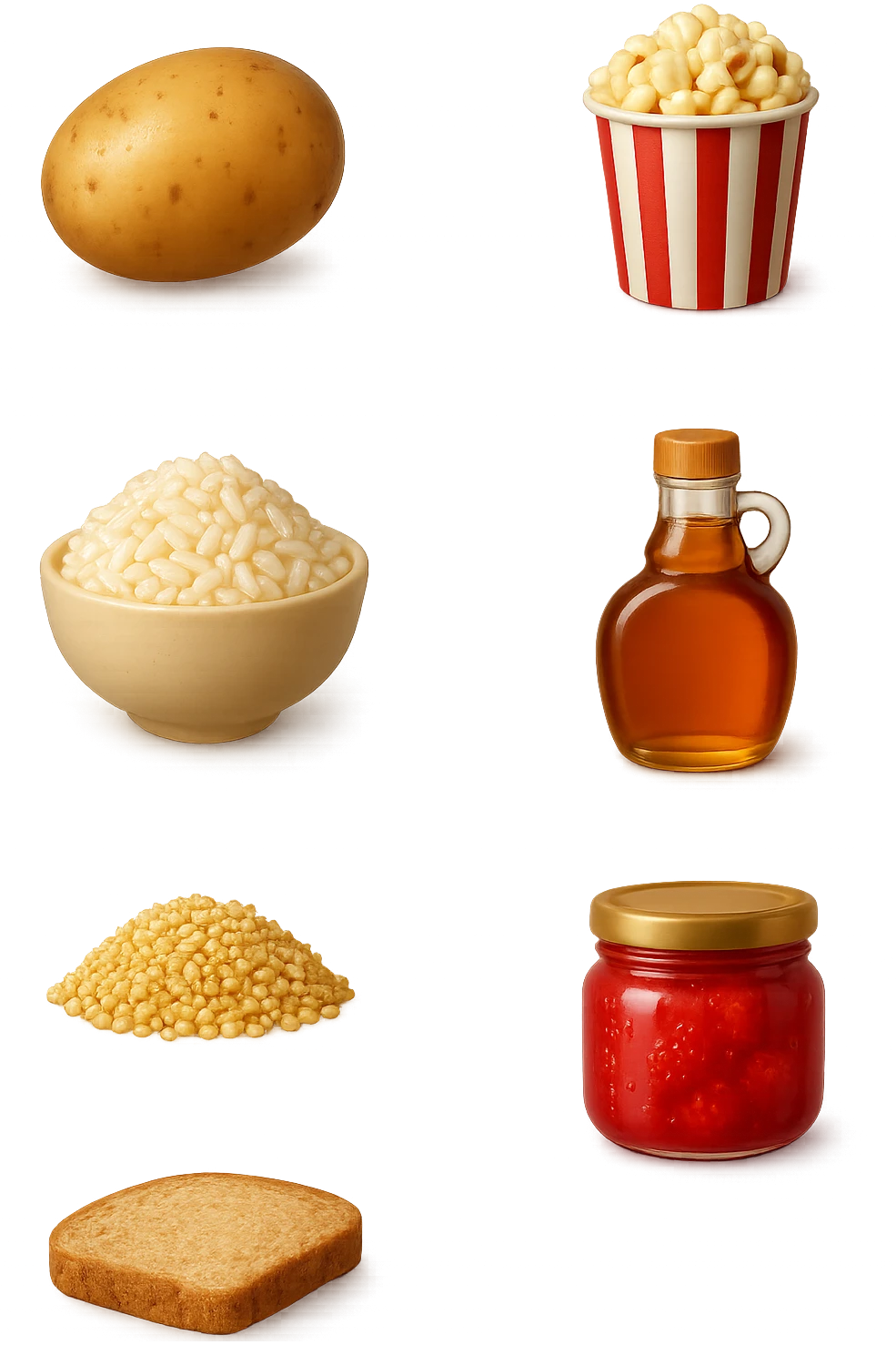 EMOJI STILE IPHONE DI Patate
Riso
Popcorn
Avena
Quinoa
Sciroppo d’acero
Marmellata di fragole
Pane di farro, fluttuano in aria REALISTICA 4K emoji