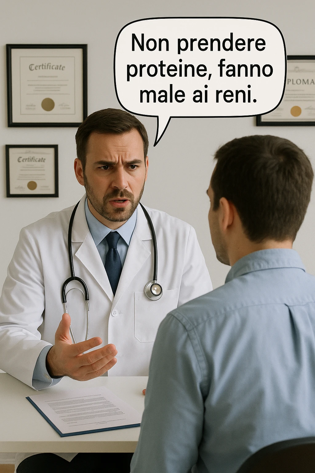 dottore che dice al paziente di non prendere proteine perchè fanno male ai reni in italiano emoji