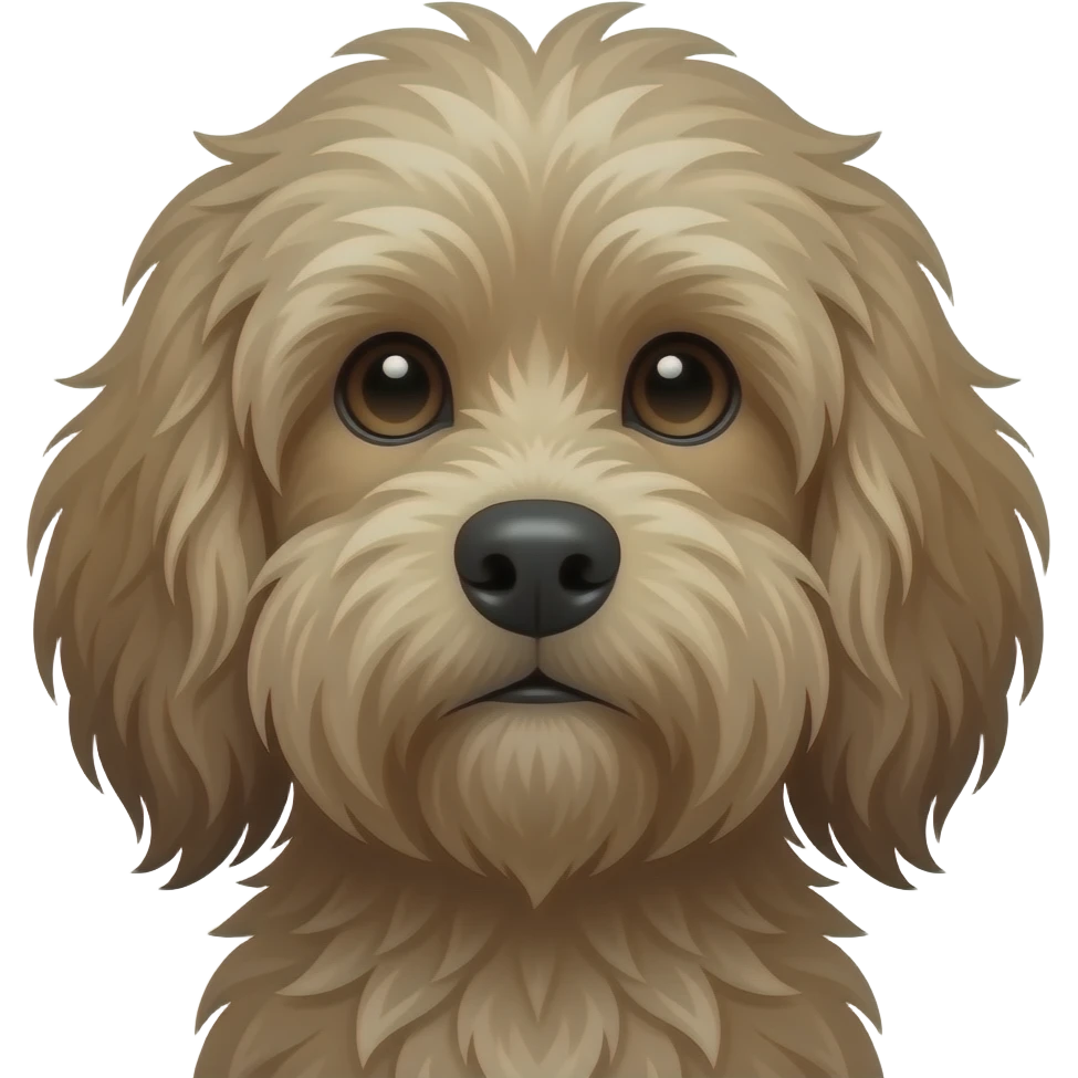 Custom iOS emoji with no blur and a white background. The topic of the emoji is "dog with long messy hair". It MUST maintain the general apple iOS emoji style. emoji
