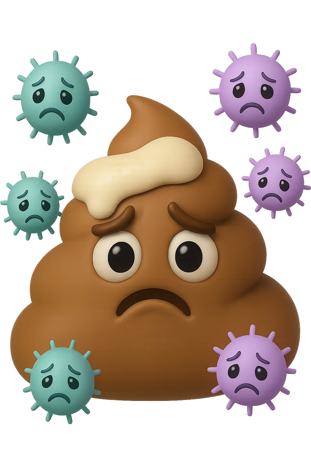 emoji stile iphone 3d di una cacca con muco bianco sopra, dietro cui fluttuano batteri intestinali tristi, iperrealistiche 4k emoji