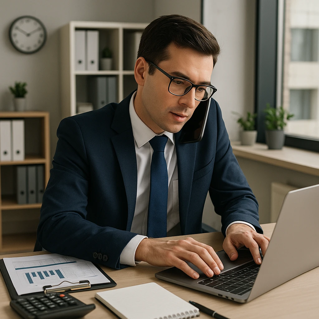 a working accountant, multitasking, talking on phone and typing, modern office, organized workspace, business environment emoji