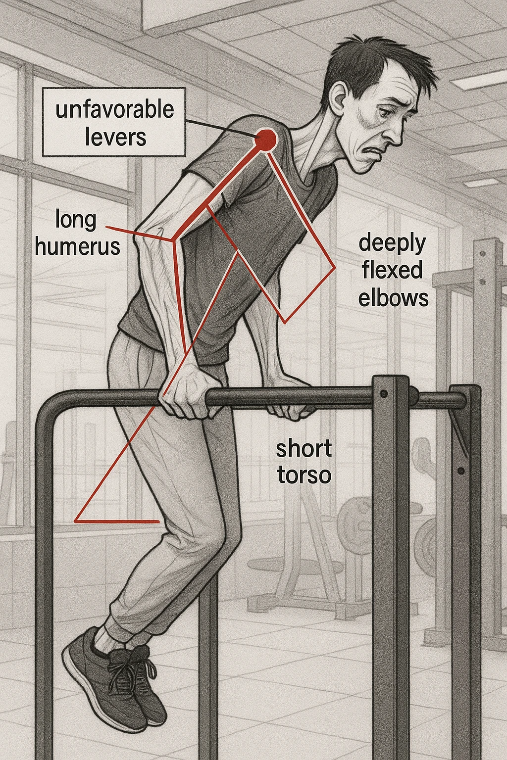 a tall, lean man with very long arms and a short torso attempts a dip on parallel bars. His elbows are deeply bent and his body appears awkwardly positioned, highlighting the mechanical disadvantage. An overlay shows anatomical lines and angles, with labels explaining “unfavorable levers.” The background is a modern gym, with a focus on biomechanics. emoji