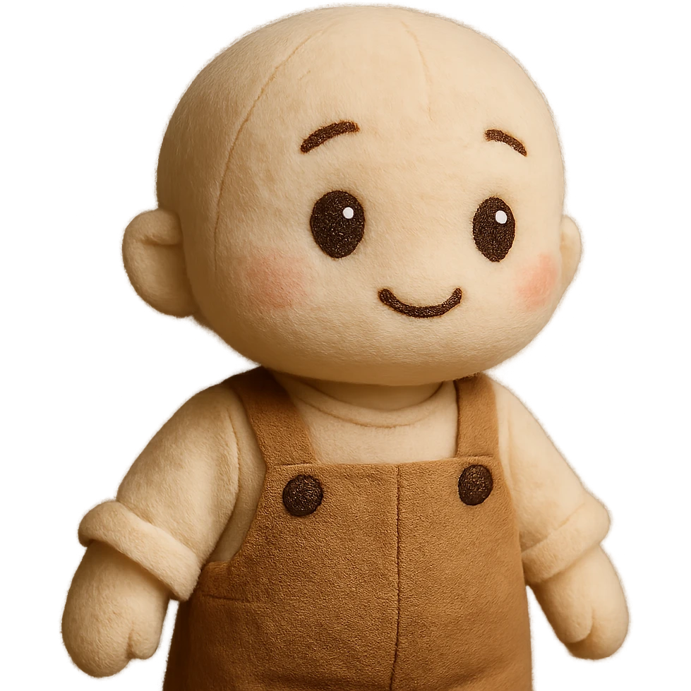 Dress the small, soft plush character in cute clothes, maintaining the plush portrait style with a transparent background. emoji