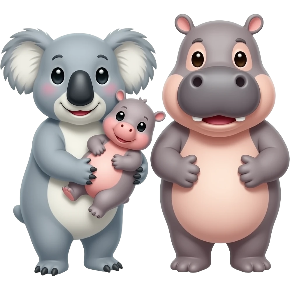 Koala and hippo holding their baby hippo Together in both of their arms realistic sweet emoji emoji