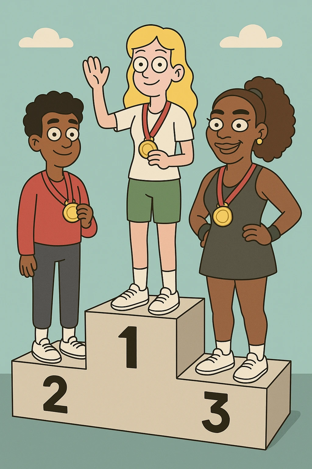 winners podium girl yellow hair Olympic Gold Medal a boy brown skin black Classic Curl hair Olympic Gold Medal Serena Williams Olympic Gold Medal  emoji