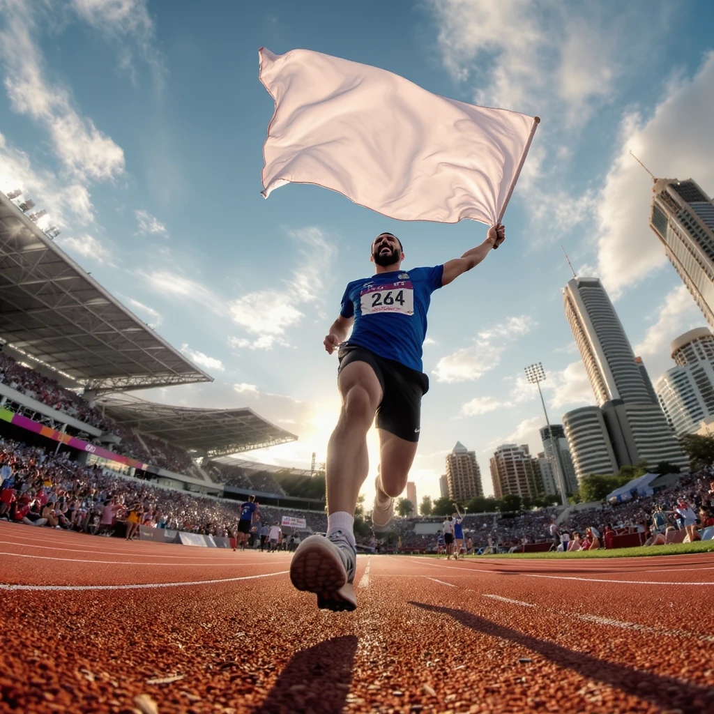 happy runner waving a white flag of Olympic emoji