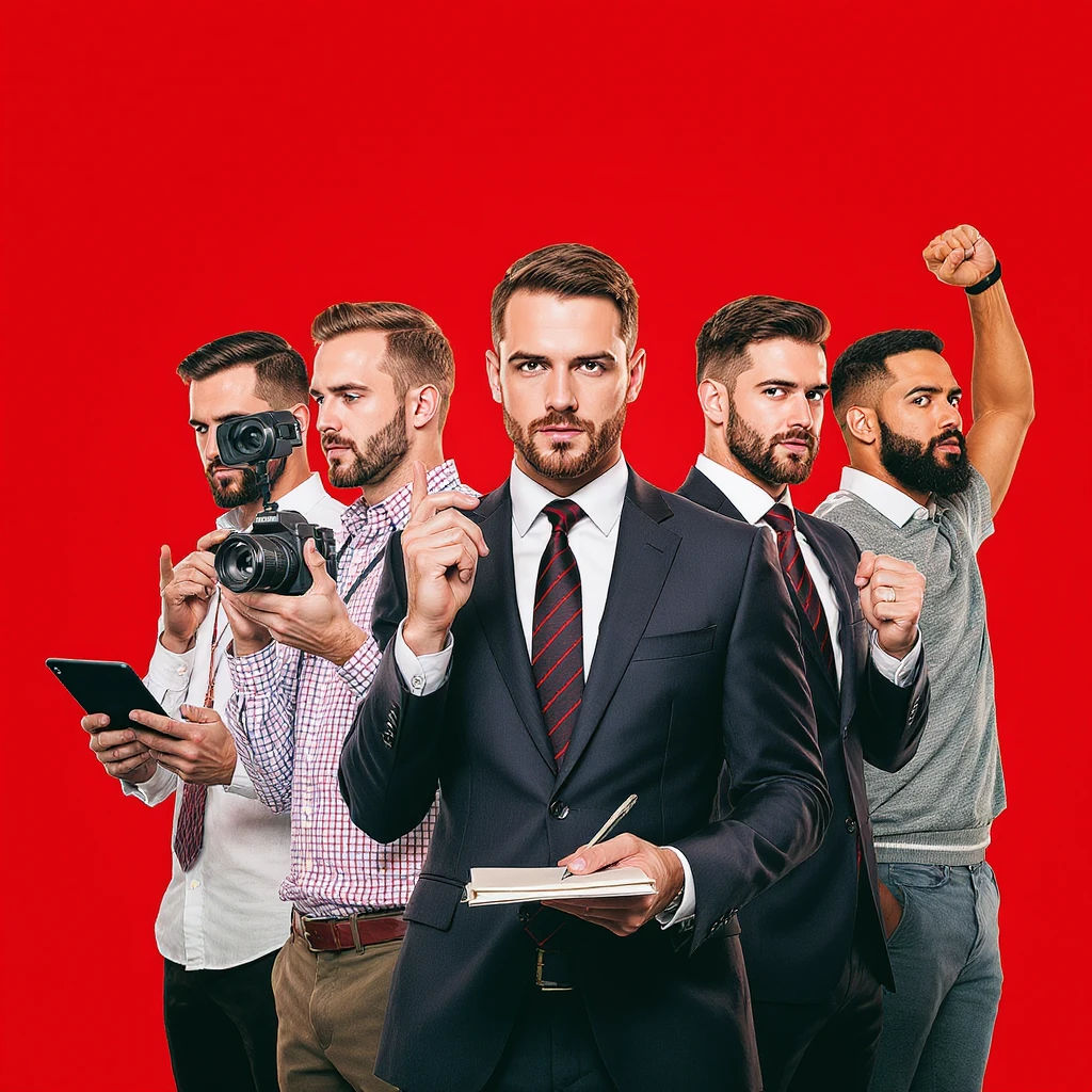 Dynamic poster, Make him as 5 clones. First holding ipad, Second holding camera, another writing, make them diffrent outfits (red soild background) emoji