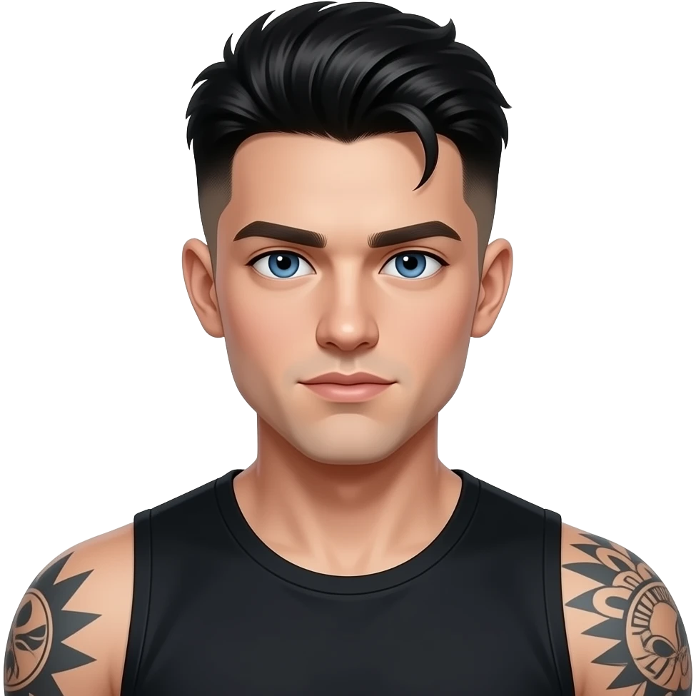 très très arrogant gars cheveux noirs low taper fade look dark beau et yeux bleus peau laiteuse pâle et tatoué musclé 25 ans emoji