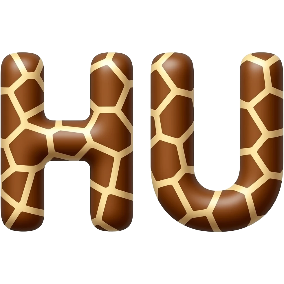 👉 TWO letters H and U made of giraffe body texture, realistic giraffe pattern, 3D glossy, cute cartoon style, smooth rounded shapes, isolated on white background, high detail" emoji