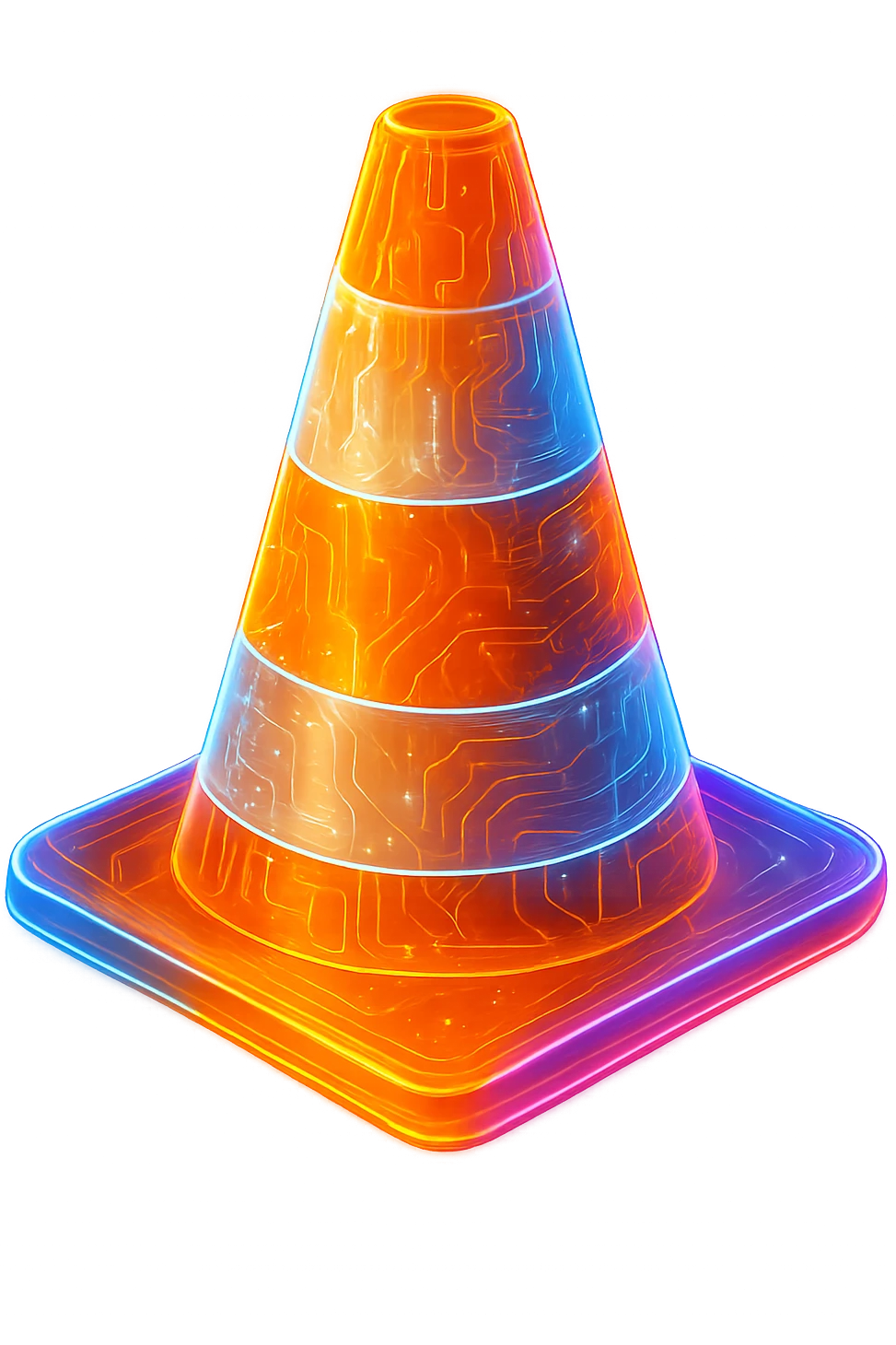 Transform the VLC cone icon into a cyberpunk, holographic style with glowing neon orange, blue, and pink edges. Add intricate circuit patterns throughout the entire icon while maintaining the recognizable orange and white cone shape and colors. Overlay neon and circuit effects in a futuristic, clean style consistent with cyberpunk glow and intricate circuit details. The background should be transparent. emoji