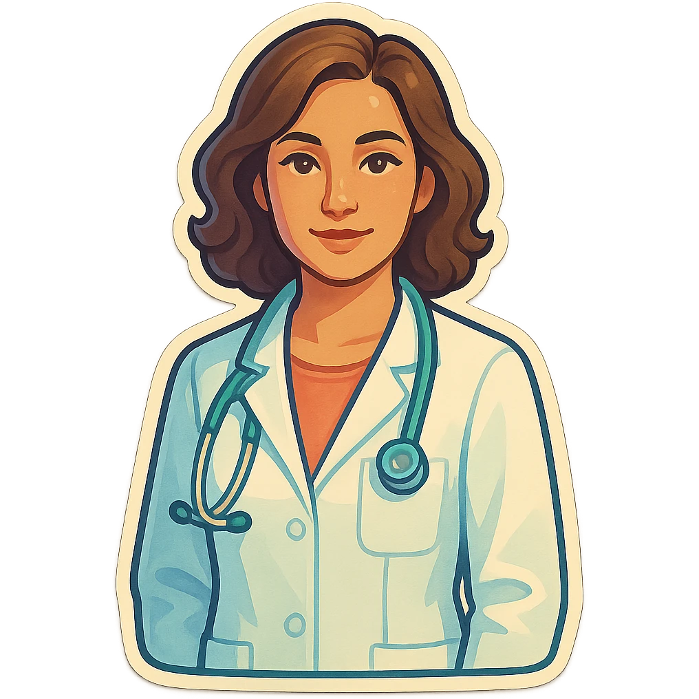 female medical coat, front view, straight angle, looking at camera, retro stickers style, soft rounded shapes, clean contours, pastel palette, detailed shadows and highlights, modern illustration, transparent background emoji