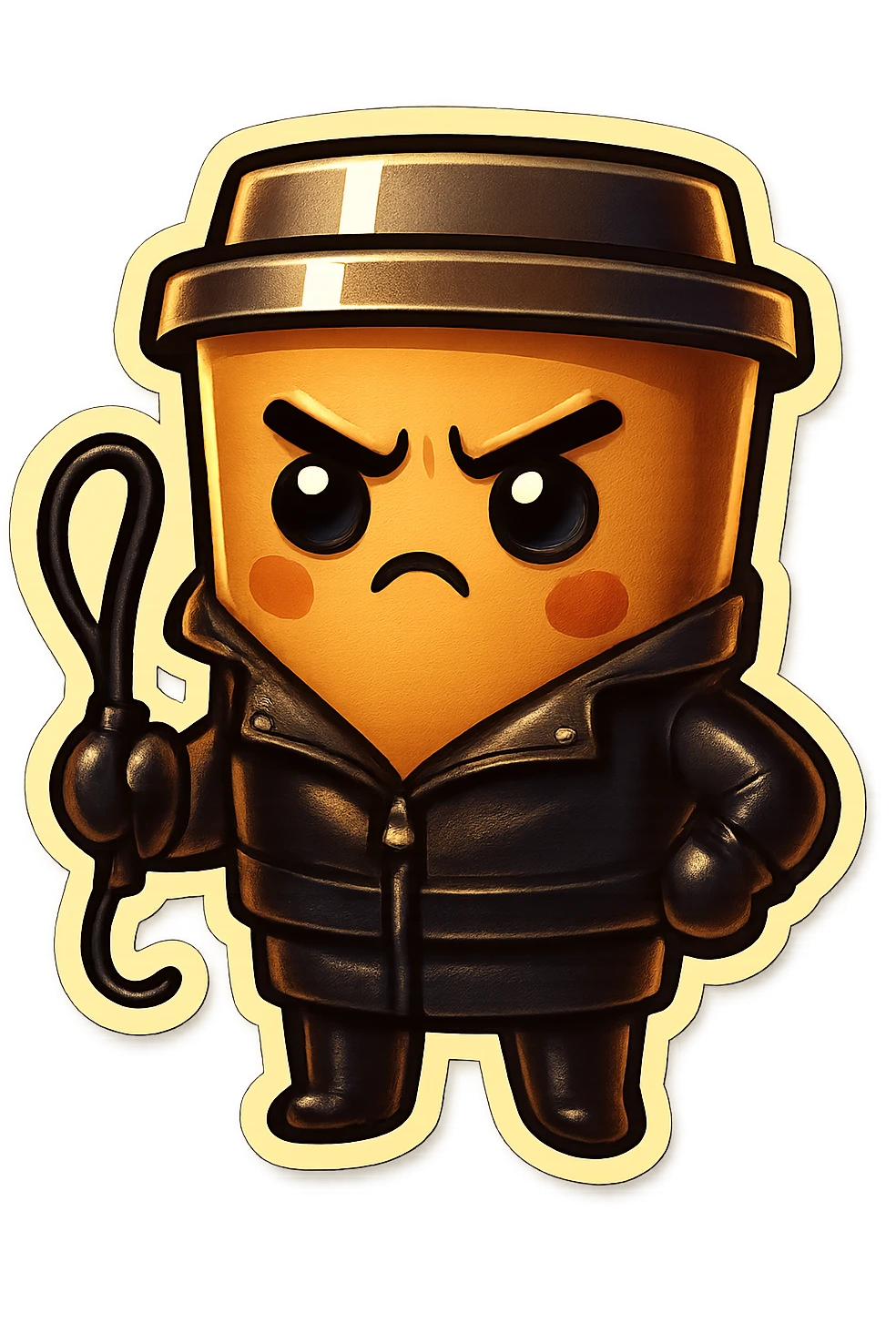 Tall coffee cup, dressed in leather holding a whipping crop, eyebrow furrowed emoji
