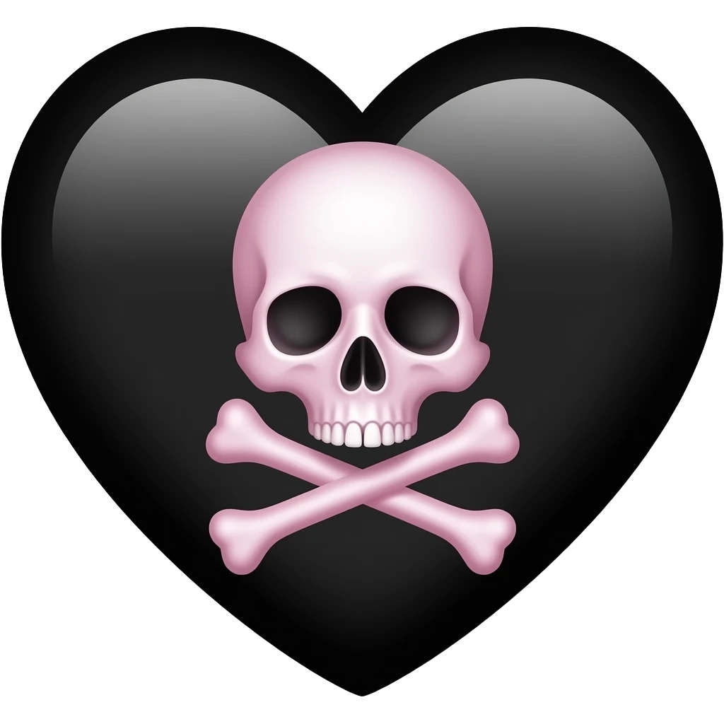 Pink skull and crossbones on black heart emoji